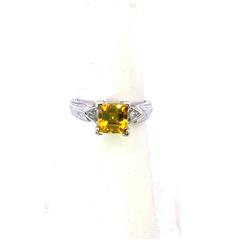 PT950 PLATINUM DIAMOND & GOLD CITRINE RING W/MILGRAIN DETAIL BAND 5